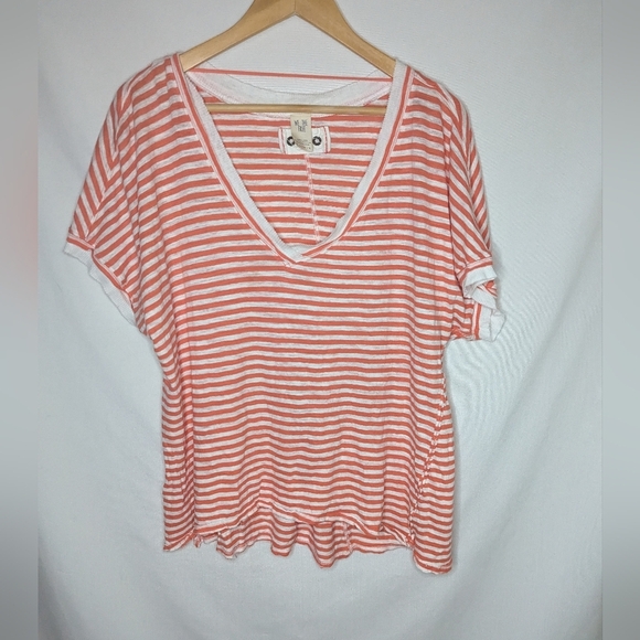 We the Free Orange Vneck Short Sleeve Shirt Linen Blend Size Small - Picture 1 of 11
